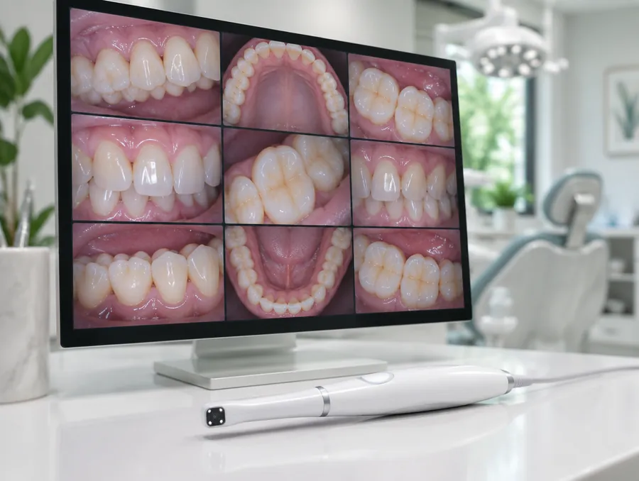 Câmera intraoral exibindo imagens dos dentes na tela